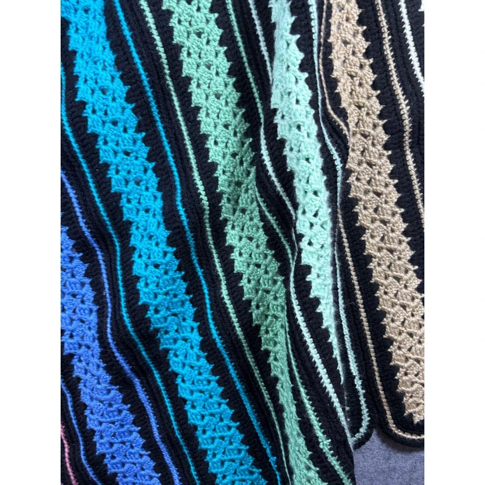 Vintage Handmade Crochet Rainbow Stripe Blanket Scalloped‎ Edge Throw 41x52